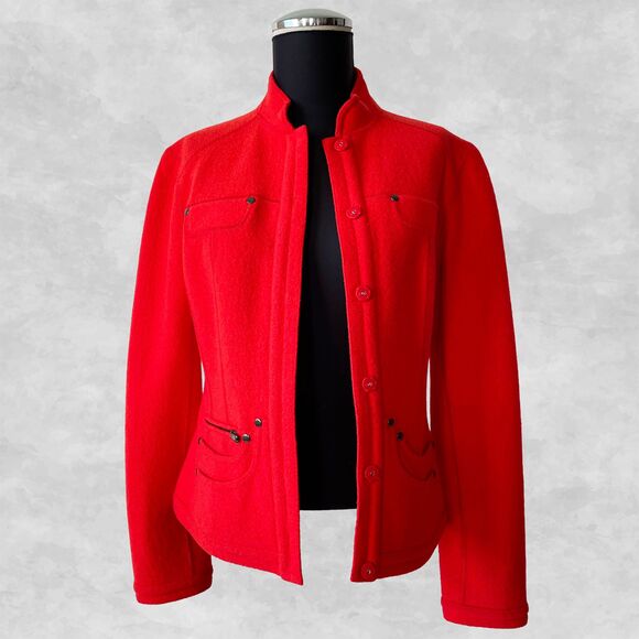 Per Se Red Orange Boiled Wool Mandarin Collar Hidden Snap Jacket - Women's 6 - Picture 3 of 9